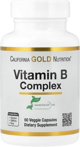 [BRSWGAL3AAFGE3I6] California Gold Nutrition B vitamin Komplex, Thiamin B1, Riboflavin B2, Niacin B3, Pyridoxine B6, Biotin B7, Pantothenic Acid B5 és Pro Folate B9, Gluten Free, Non GMO, 60 Veggie kapszula