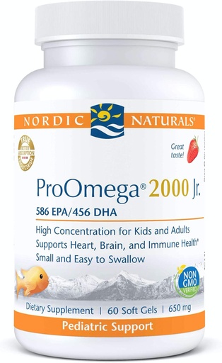 [BRSWG2YQOQNRUFL2] Nordic Naturals ProOmega 2000 Jr., Strawberry Flavor - 60 Soft Gels - 1120 mg Omega-3 - Ultra Potent Fish Oil - EPA & DHA - Promotes Brain, Heart, & Immune Health - Non-GMO - 30 Servings