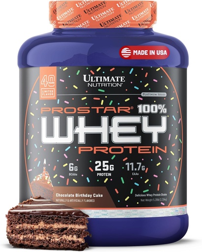 [BRSWIZYFAIOGADT6] Ultimate Nutrition Prostar Whey Protein Powder Isolate, Chocolate Birthday Cake - Χαμηλό Καρβίδιο, Υψηλής πρωτεΐνης σκόνης Shake για μυϊκή αύξηση & ανάκτηση - Χαμηλό Νάτριο, Χαμηλού Πάχους & Κέτο Φιλικό - 5.28 lbs Tub