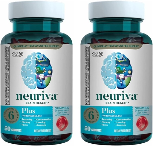 [BRSWY2Q3BMIBU3D6] NEURIVA Plus Brain Supplement for Memory, Focus & Concentration + Cognitive Function with Nootropics Phosphatidylserine and Neurofactor, VIT B6 & B12, Strawberry Flavor, 50 Gummies (2 Pack)