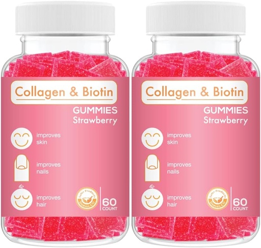 [BRSW2BQ2OEHQA2T7] Collagen Biotin Gummies - Supports Hair, Skin & Nails Hair Growth Anti Aging Care Chewable Gummy Vitamins, Vegan, Non-GMO, Gluten Free, Gelatin Strawberry Flavor 120 Count, Pink