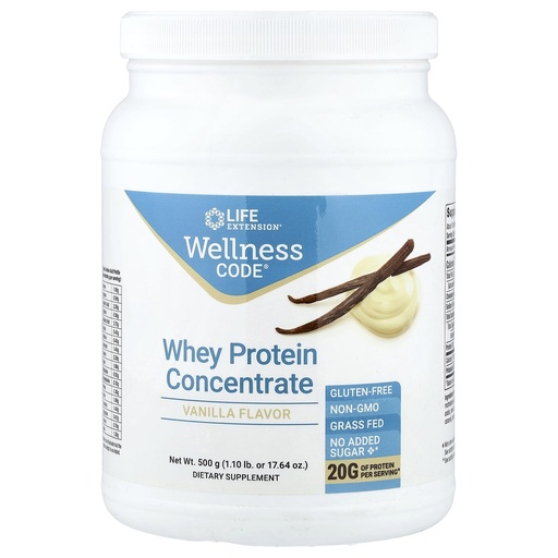 [BRSWGFQLPIIRM2A7] Life Extension Wellness Code Whey Protein Concentrate 20g Muscle Growth & Immune Health - Sourced From Grass-Fed, Free-Range, Hormone-Free Cows, Non-GMO, No Added Sugar, Vanilla- 500g