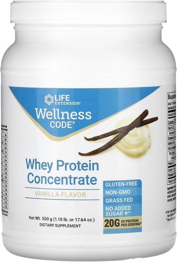 [BRSWGFQLPIIRM2A7] Life Extension Wellness Code Whey Protein Yoğun 20g Kas Büyüme ve Immune Health - Grass-Fed, Free-Range, Hormon-Free Cows, Non-GMO, No Ek Olmayan Şeker, Vanilla- 500g