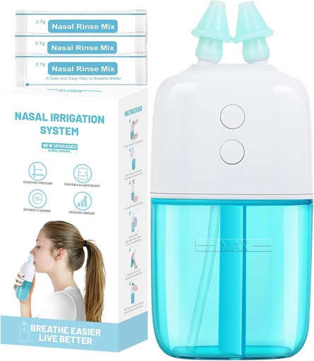 [BRSRAGAZAQHQGHY6] Nasal Irrigation System with 30 Saline Packets – Dual Speed and Auto Waste Collection – Portable and Travel-Friendly Nasal Irrigator – Nasal Cleaner for Sinus Relief Nasal Rinse Machine