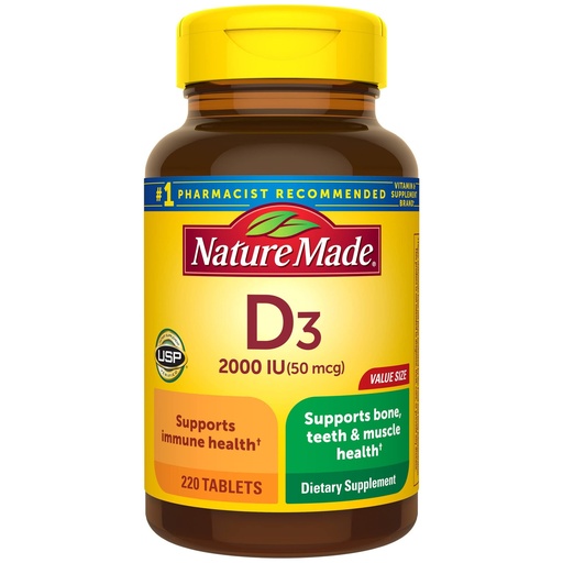[BRSWIZQ4OAIGYF3E] Nature Made Vitamin D3 2000 IU (50 mcg), Vitamin D Supplement for Bone, Teeth, Muscle and Immune Health Support, 220 Tablets, 220 Day Supply