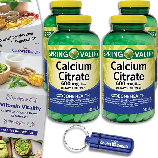 [BRSRAGQDBYIRQALZ] Spring Valley Calcium Citrate Tablets Dietary Supplement 600 mg 300 Ct 4 pk Choice Bundle (1200 Total) + Vitamin Guide & Pill Container (6 Items)!