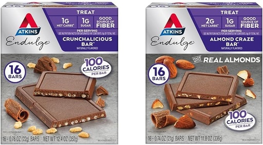 [BRSRAYYYBZ5WKETA] Atkins Endulge Treat Bars, Crunchalicious & Almond Craze Flavors, 1-2g Net Carbs, 1g Sugar, Good Fiber Source, Keto Friendly, 16 Count