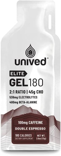 [BRSW2A32OYMRSYD4] Unived Elite Gel 180-2:1 Ratio de simples & complexos carbohidratos con Beta Alanine & Electrolytes esenciais - para atletas de resistencia e ciclistas -180kcal - Double Espresso - 100mg cafeína - Pack de 6