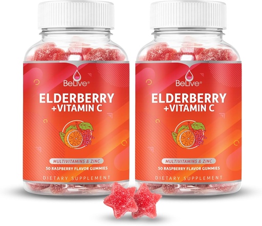 [BRSW2GD4OQGRACQV] BeLive Elderberry Gummies cu zinc și vitamina C - Supplement de sprijin imun cu vitamina D, A, E, B12 - Gume pentru oase sănătoase și dinți, Vegan, Keto și non-GMO - aroma de zmeură