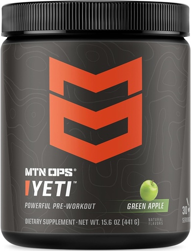 [BRSWKHDYO4DGYHTY] MTN OPS Yeti Pre-Workout Powder Energy Drink with Creatine, 200mg Caffeine & BCAAs with Beta Alanine, 30-Serving Tub, Green Apple