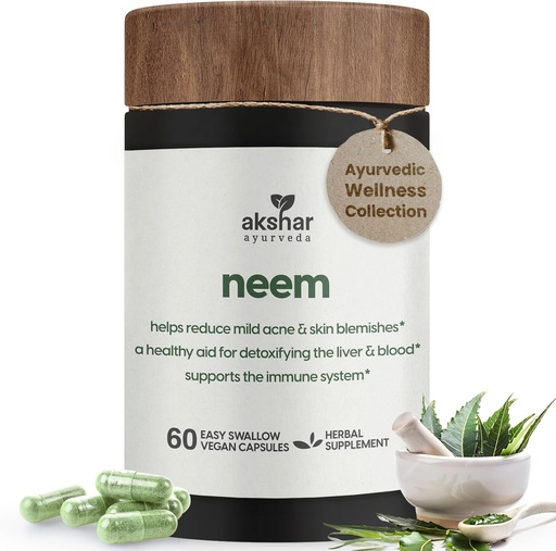 [BRSRAGL6CQCGA23Z] AKSHAR Ayurveda - Neem Capsules dengan Neem Extract dan Neem Leaf Powder - Herbal Neem Suplemen untuk mendukung Clear Skin Health dan Detox - Vegan Cruelty- Free Neef Capsules (60 Count)