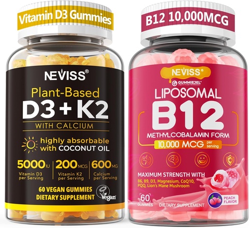 [BRSRAYYYA5YRQ33D] NEVISS 2Pack Vitamin D3 5000iu & K2(als MK7) 200mcg Gummi + 600mg Calcium + 1 Packung Liposoma Methyl B12 5000 mcg/10000 mcg