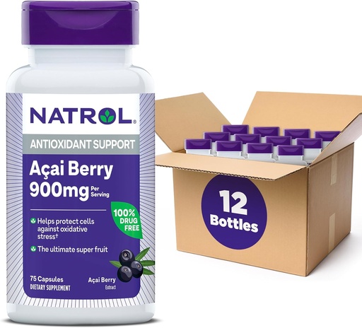 [BRSRMAL7DIFAO23H] Natrol Acai Berry, Dietary Supplement, Antioxidant Protection & Defense, The Ultimate Super Fruit, 900 mg Veggie Capsules, 75 Count (Pack of 12)