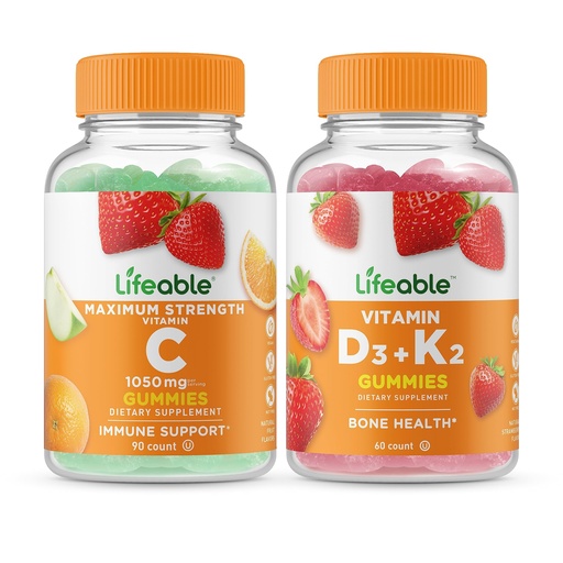 [BRSROZI6CUPGYDT7] Lifeable Vitamin C 1050mg + Vitamin D3 + Vitamin K2, Gummies Bundle - Great Tasting, Vitamin Supplement, Gluten Free, GMO Free, Chewable Gummy