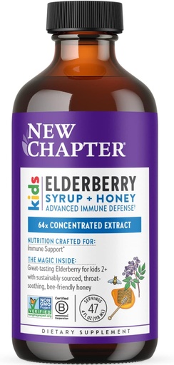 [BRSWY2YKAUCRAA37] Nowy rozdział Elderberry Kids Syrop, Advanced Immune Defense for Ages 2 +, 64x Koncentrated Elderberry, Sweetened with Throat- Soothing Grade A Honey, Non-GMO Project Verified, 4 Fl Ounce