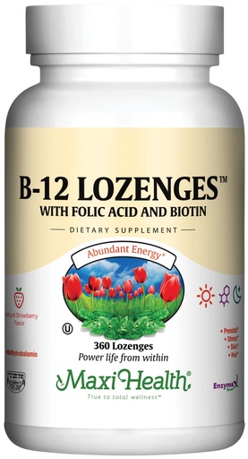 [BRSWIYAKCUOQYYDC] Maxi Health Vitamin B12 Lozenges with Folic Acid and Biotin - Sublingual B12 Vitamins Strawberry Flavor - Vegetarian Kosher B 12 Vitamin for Red Blood Cell Production and Energy (360 Count)