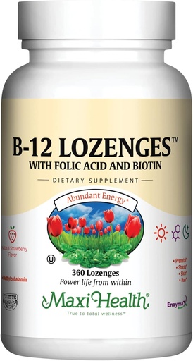 [BRSWIYAKCUOQYYDC] Maxi Health Vitamin B12 Lozenges with Folic Acid and Biotin - Sublingual B12 Vitamins Strawberry Flavor - Vegetarian Kosher B 12 Vitamin for Red blood Cell Production and Energy (360 count)
