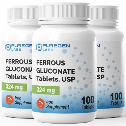 [BRSROGQHOANR4GT2] Puregen Labs Ferrous Gluconate 324 mg [High Potency] Iron Supplement, Gentle on Stomach | 3 Pack - 300 Tablets Total