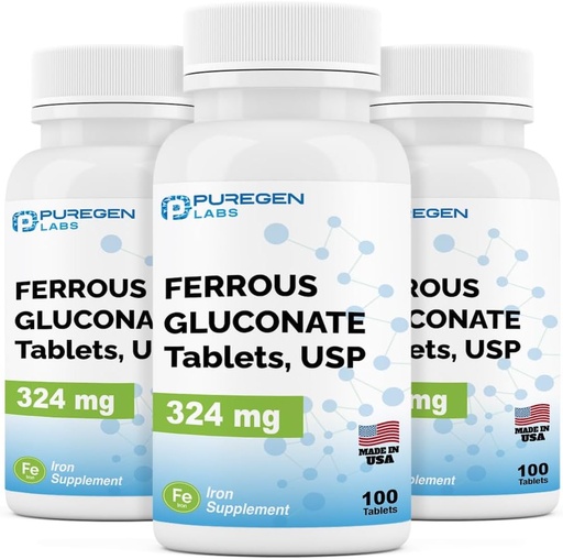 [BRSROGQHOANR4GT2] Puregen Labs Ferrous Gluconate 324 mg [High Potency] Iron Supplement, Gentle on Stomach | 3 Pack - 300 Tablets Total