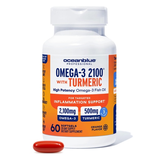 [BRSRMYD3C55BYAIU] Oceanblue 2100 Triple Strength Omega-3 Fish Oil with Turmeric | Burpless Omega 3 Combo Supplement with Curcumin EPA DHA DPA| Heart and Joint Support | 60 Softgels