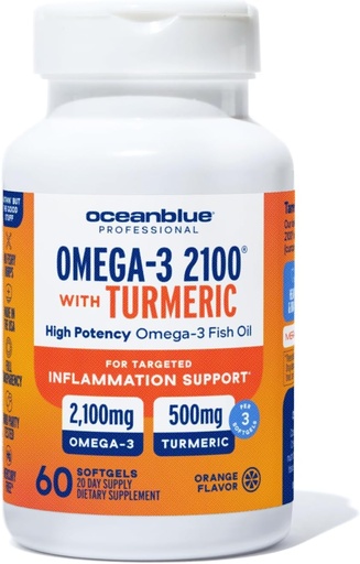 [BRSRMYD3C55BYAIU] Oceanblue 2100 Triple Strength Omega-3 Fish Oil with Turmeric | Burpless Omega 3 Combo Supplement with Curcumin EPA DHA DPA| Heart and Joint Support | 60 Softgels