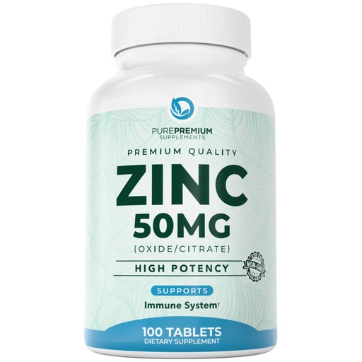 [BRSWG2YYBENBUDL4] PurePremium Natural Zinc 50mg Supplements for Men/Women - GMP-Certified High Potency Vitamin Zinc Citrate/Oxide for Adults, Immune Antioxidant, Energy Support - 100 Tablets