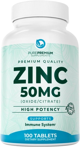 [BRSWG2YYBENBUDL4] PurePremium Natural Zinc 50mg supplements for Men/Women - GMP-Certified High Potency Vitamin Zinc Citrate/Oxide for Adults, Immune Antioxidant, Energy Support - 100 Tablets