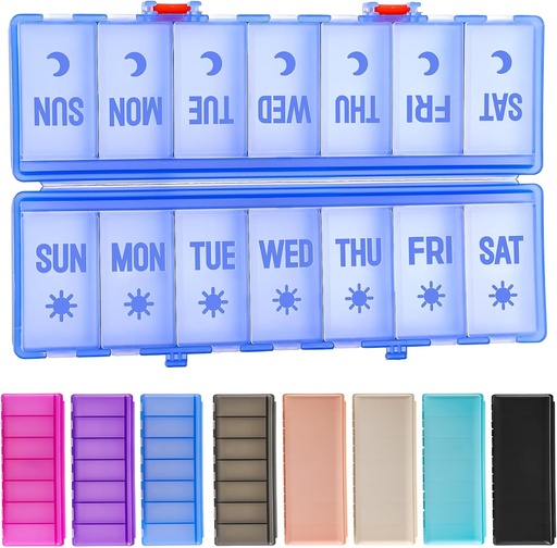 [BRSRAHAEDMDROCTG] Foldable Pill Organizer 2 Times a Day w/Etched Labels -Dual Protection & Portable Weekly AM PM Pill Box, 7 Day Medicine Container, Large Travel Pill Case for Week Daily Supplement Vitamin -Clear Blue