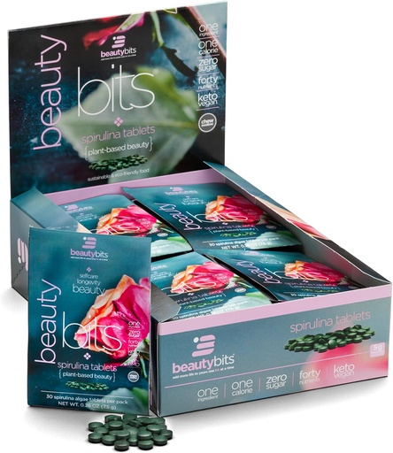 [BRSW2ZT3CQJWMEL3] BEAUTYbits - Organic Spirulina Tablets - Algae Superfood - Collagen, Protein, Chlorophyll - Hair, Nails, & Skin Care - Vegan, Keto, Gluten Free - Self Care - Skincare Beauty - 30 Bags, 900 Tablets