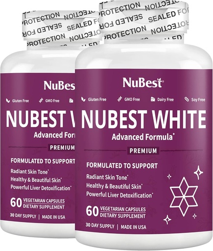 [BRSW2CQBOBYWG23L] NuBest White - Skin Whitening Supplement, Suplemento para Anti Envelhecimento com Glutationa, Vitamina C, E, B2, Extrato de Cardo de Leite, Extrato de Chá Verde para Iluminar e Iluminar Pacote 2