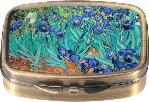 [BRSRMZQDCMIBYYDG] Dynippy Pill Case Pill Box with Mirror Retro Pocket 2 Compartment Medicine Case Vitamin Pill Organizer for Pocket Purse and Travel (A-Van Gogh Irises)