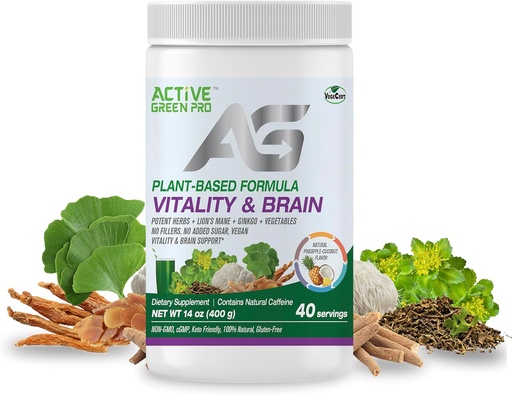 [BRSROGD4CQCQKDY7] Vitality & Brain Powder, Blend of Synergistic Herbs, Lion's Mane, Ginkgo, and Vegetables, Plant-Based Formula, No Fillers, No Sugar Added - 40 Servings