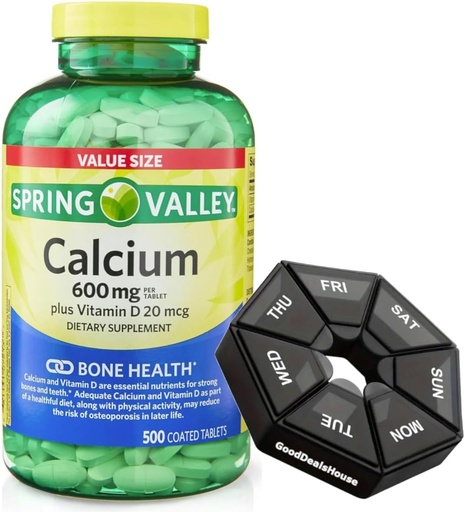 [BRSRAGA7O4PGME3O] Spring - Valley Calcium 600 mg + Vitamin D 20 mcg - 500 Count with Weekly Pill Organizer GoodDealsHouse - Bone Health Dietary Supplement Tablets
