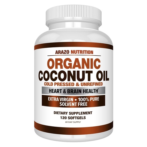 [BRSWGYI7BUMBQH3V] Arazo Nutrition Organic Coconut Oil 2000 MG - 100% Extra Virgin Unrefined Cold Pressed for Weight Support, Skin, Hair, Nails - 120 Softgel Capsules