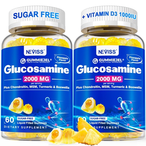 [BRSROAAQBUNR6ETH] NEVISS Sugar Free Glucosamine Filled Gummies - Glucosamine Supplement Plus Chondroitin, MSM, Turmeric, Boswellia, Hyaluronic Acid, Vitamin D3 & Zinc, 120 Gummies, 60 Servings