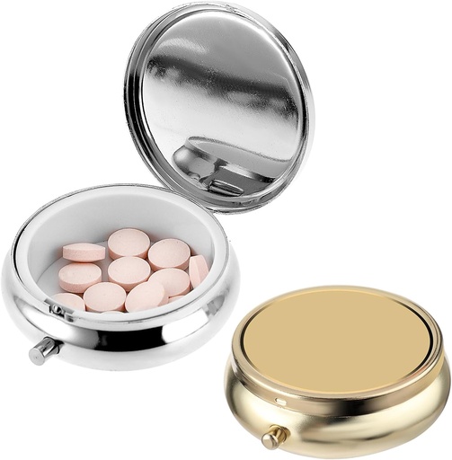 [BRSRAZD2OIMGEDLZ] Boîte à pilules 2Pcs Petite boîte à pilules pour Purse ou Pocket, Portable Cute Pill Container Boîte à pilules en métal Médecine décorative, Vitamine, Huile de poisson et Suppléments Organisateur (Argent et Or)