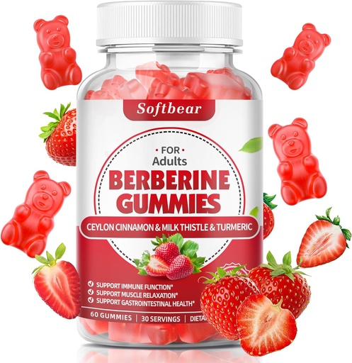 [BRSROHA6DIIB4C34] softbear Berberine with Ceylon Cinnamon Gummies Organic Berberine HCL 1500mg for Metabolism Immune Health Sugar-Free Berberine Supplements Strawberry Flavored 60 Count
