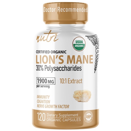 [BRSROGL2AUARS23L] Nutri Organic Lions Mane Supplement Capsules - 1900 mg, 10:1 Dual Extraction, 120 Count - Certified Organic Mushroom Extract (Fruiting Body) - Third Party Tested - Cognitive Support, Heart Health