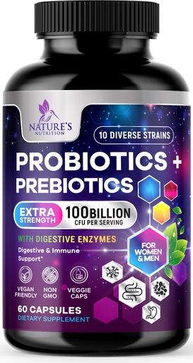 [BRSRAYIEPMBBQ3T7] Probiotics 100 Billion CFU Per Serving - 10 Premium Strains + Prebiotics - Best Probiotic Supplement for Women & Men - Supports Immune, Digestive Health, Occasional Constipation & Gas - 60 Capsules