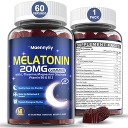 Maennyliy Melatonin 20mg Gummies for Adults - Sugar Free Melatonin Gummies Extra Strength with L-Theanine, Magnesium, Ashwagandha, Turmeric, D3 & Zinc - Non-Habit Forming