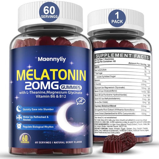 [BRSRA2QYOYMRMFIY] Maennyliy Melatonin 20mg Gummies for Adults - Sugar Free Melatonin Gummies Extra Strength with L-Theanine, Magnesium, Ashwagandha, Turmeric, D3 & Zinc - Non-Habit Forming