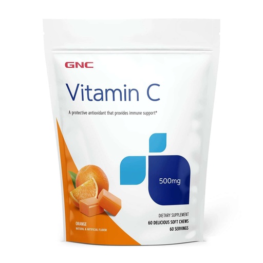 [BRSWIGYZBMDAYYAZ] GNC Vitamin C Soft Chews 500mg, Orange, 60 Chews, Supports Natural Resistance