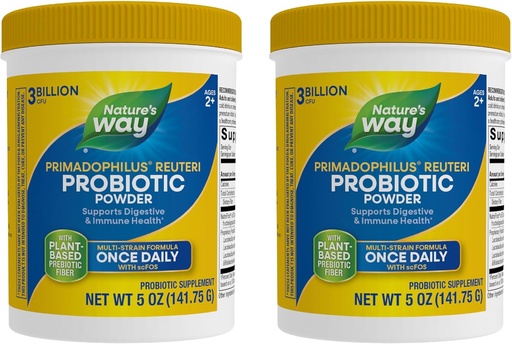 [BRSRMGIPCUPGEC3F] Nature's Way Primadophilus Reuteri Probiotic Powder, Supports Digestive & Immune Health*, Multi-Strain Formula, with Prebiotics, 3 Billion Live Cultures, 5 Oz (Packaging May Vary) - 2 Pack