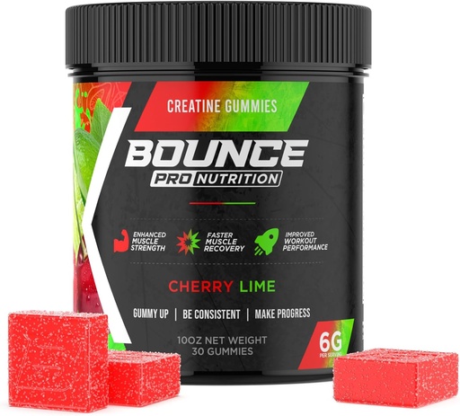 [BRSRAGL7PJ4BODT5] Bounce Pro Creatine Monohydrate Gummies for Men &amp; Women, Low Calorie, 6G de Creatine per Serving, Vegan, Anti-Melting, Gluten-Free, Non-GMO, 2g de Creatine per Gummy (30ct, Cherry Lime)