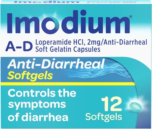 [BRSWKGQAOQPGCDI3] Imodium A-D Diarrhea Relief Softgels con Loperamide HCl, Anti-Diarrheal Medicine para axudar a controlar os síntomas da diarrea debido a aguda, Diarrea do viaxeiro, Eligible HSA/FSA, 12 ct