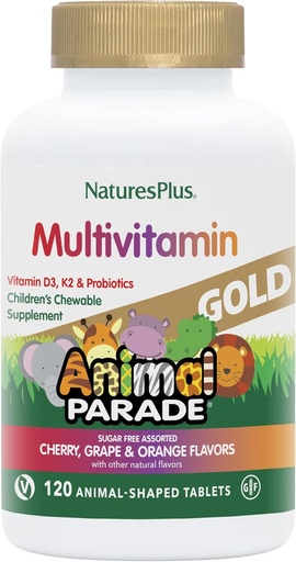 [BRSWIZ34OAMRKFL4] Natures Plus Animal Parade Gold Children's Multivitamin - Cereza surtida, Orange &amp; Grape Flavors - 120 Chewable Animal-Shaped Tablets - Vegetariano, Gluten Gratis - 60 Servings