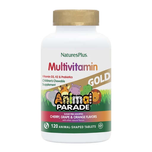 [BRSWIZ34OAMRKFL4] NaturesPlus Animal Parade Gold Children's Multivitamin - Assorted Cherry, Orange & Grape Flavors - 120 Chewable Animal-Shaped Tablets - Vegetarian, Gluten Free - 60 Servings