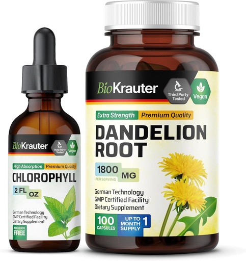 [BRSRAAAFA56Q23DK] BIO KRAUTER Chlorophyll Tincture 2 Fl. Oz. & Dandelion 100 Capsules
