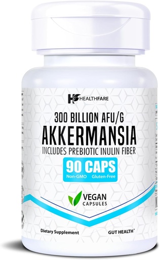 [BRSRAHAYAB6BQ2A6] Healthfare Akkermansia Muciniphila Probiotic | 300 Billion AFU | 90 Vegan Capsules | Inulin Prebiotic for Gut Health & Digestive Support | Non-GMO, Gluten-Free | Made in USA