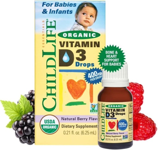 [BRSWIFQ3BYAR6ETK] CHILDLIFE ESSENTIALS Organic Vitamin D3 Drops - Vitamin D Drops for Infants & Babies, 400 IU Per Drop, All-Natural, USDA Organic, Non-GMO, Kosher, Gluten-Free - Natural Berry Flavor, 0.21 Fl Oz